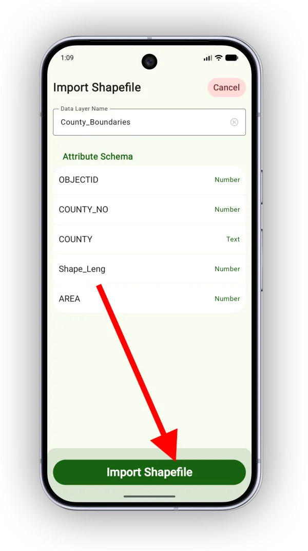 The Import Shapefile screen with the data layer name and attribute schema