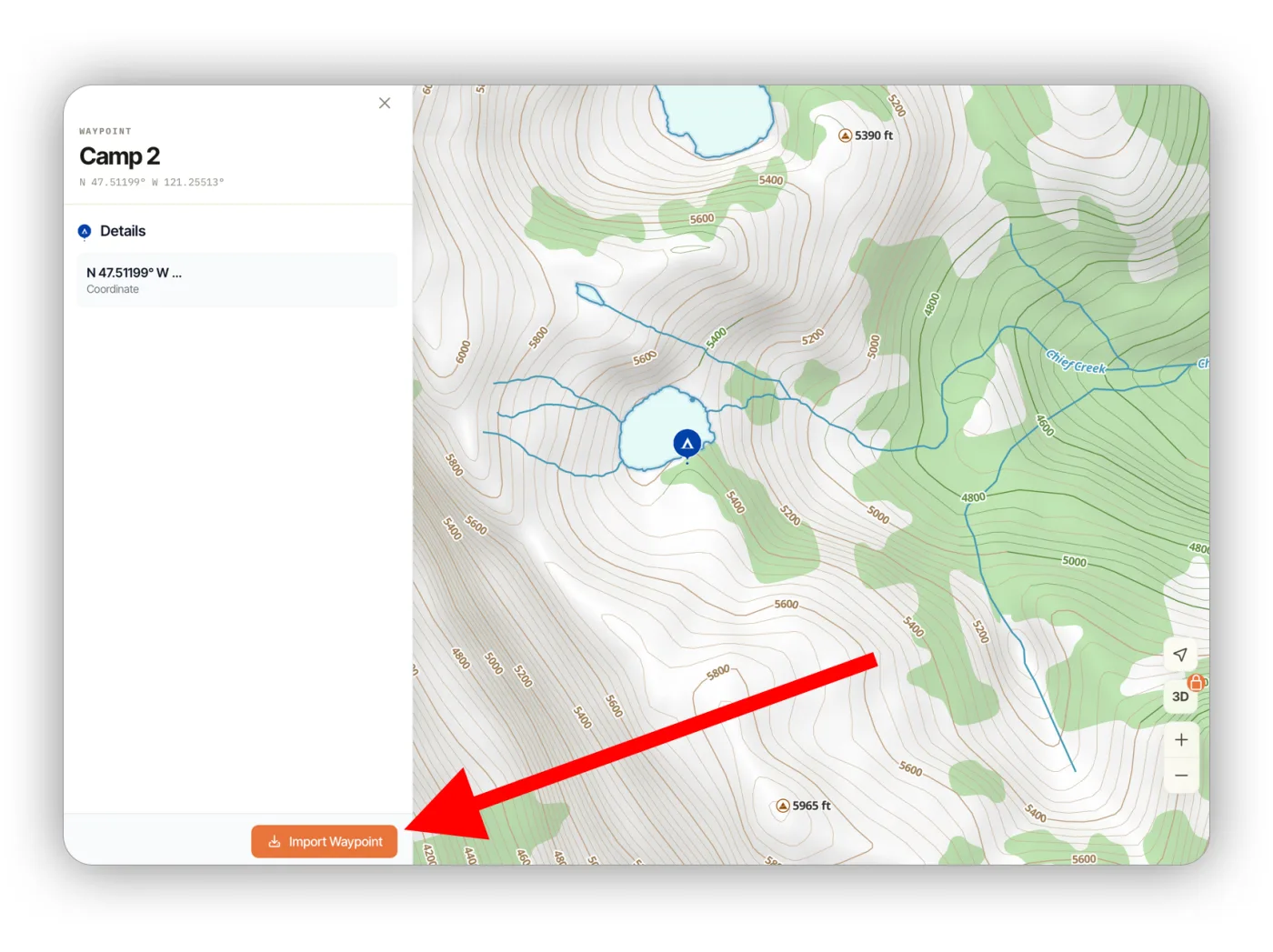 A shared waypoint opened from a link, with an Import Waypoint button