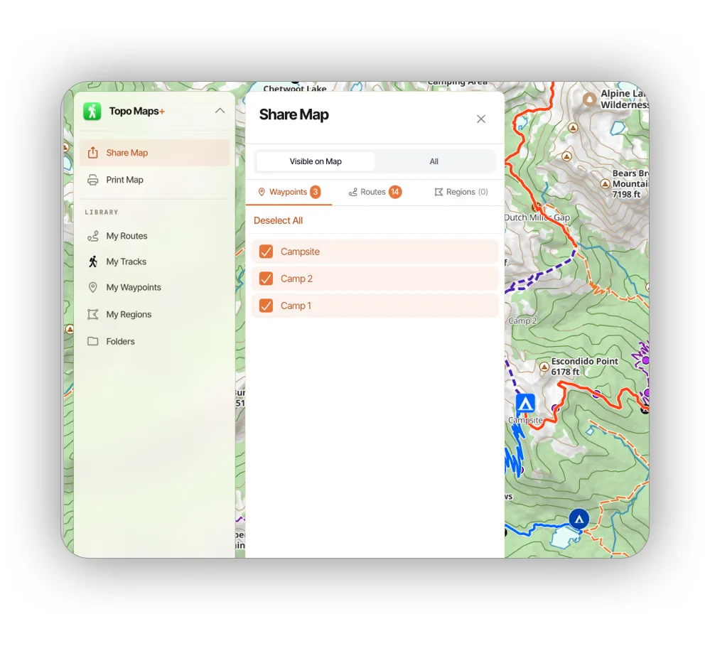 The Share Map panel with waypoints checked under Visible on Map