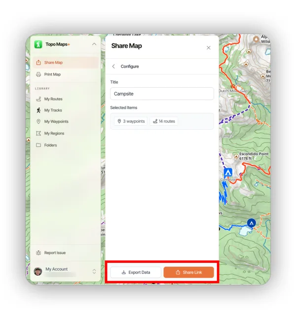 The Share Map Configure step with a title and the Export Data and Share Link buttons
