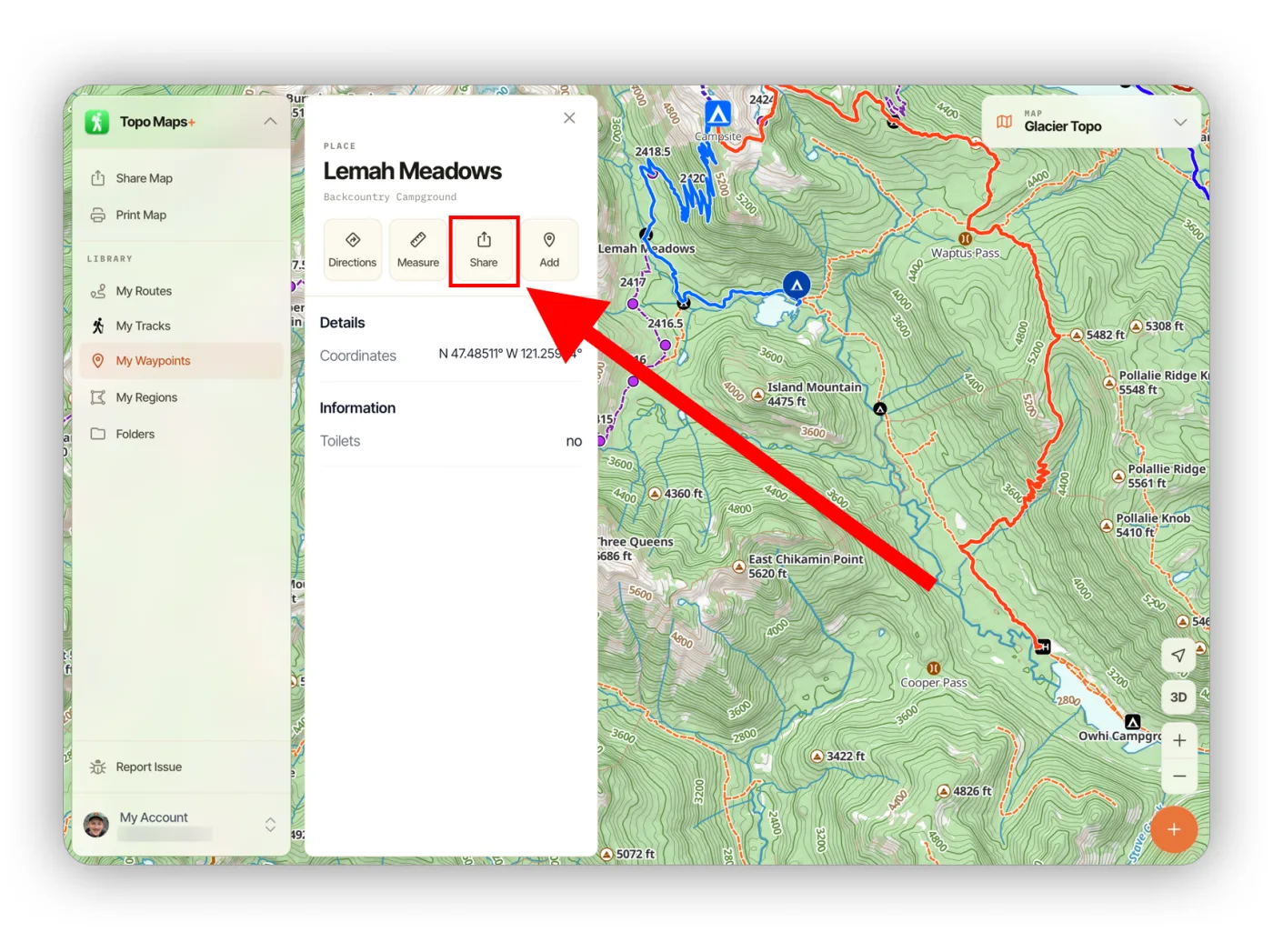 A campground's details panel with the Share button highlighted