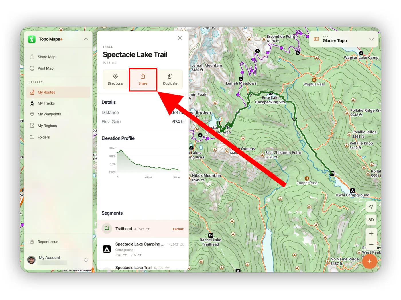 A trail's details panel with the Share button highlighted