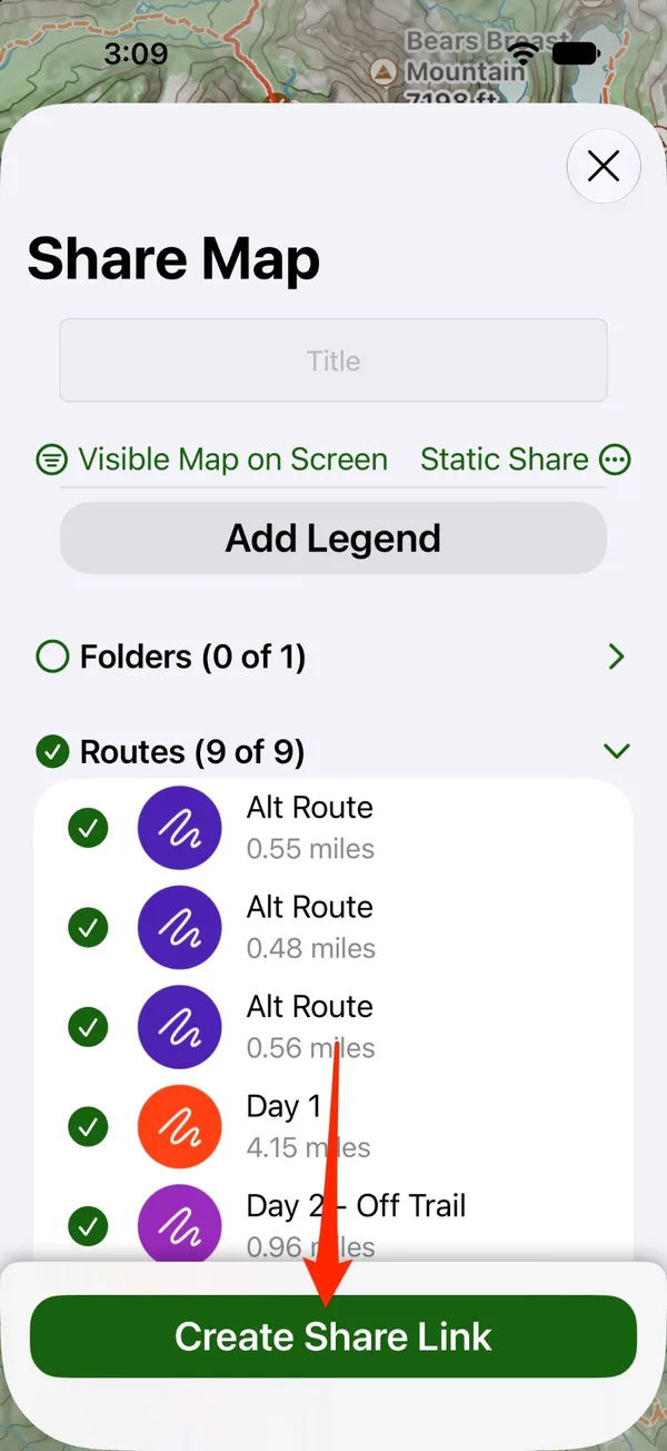 The Share Map screen with a title, the Add Legend button, and the Create Share Link button