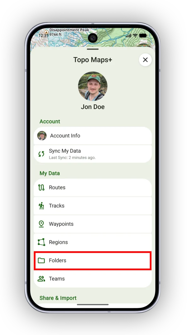 Folders in the account menu