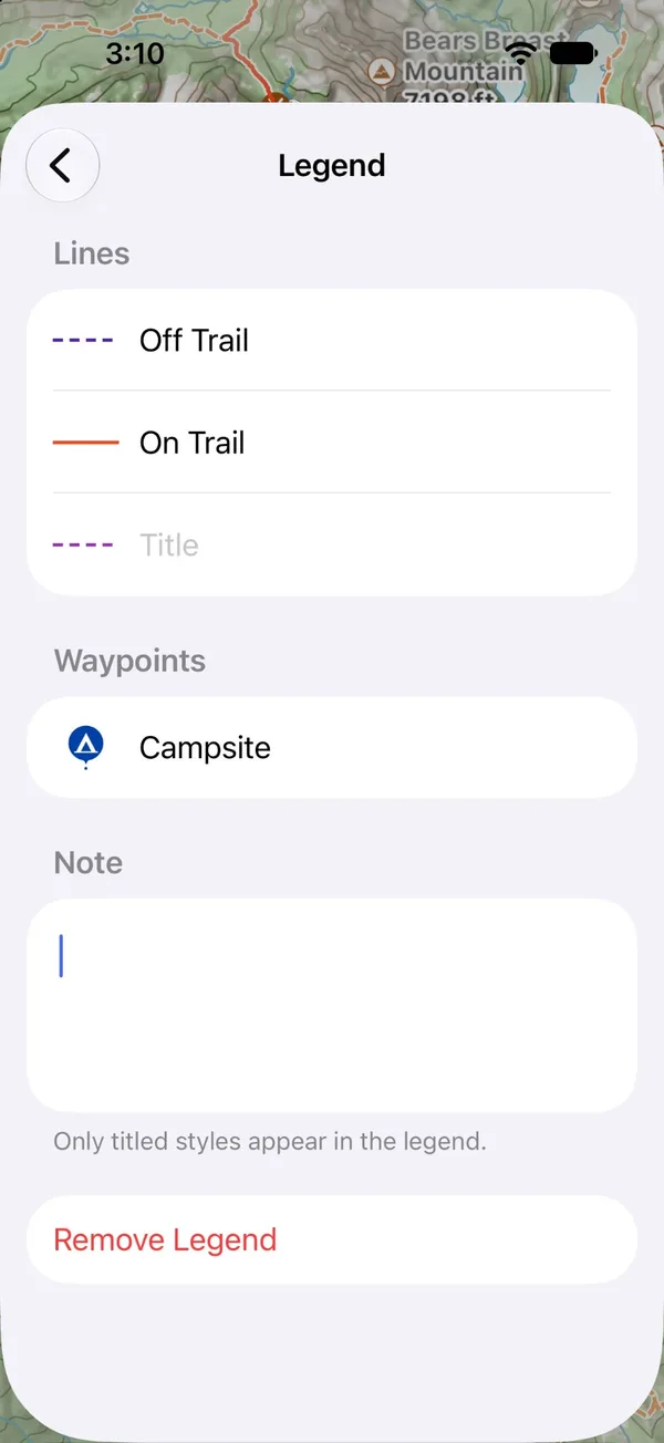 The Legend screen with titled line styles, a waypoint icon, a Note field, and Remove Legend