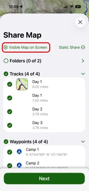 Choosing which data to include in the share link