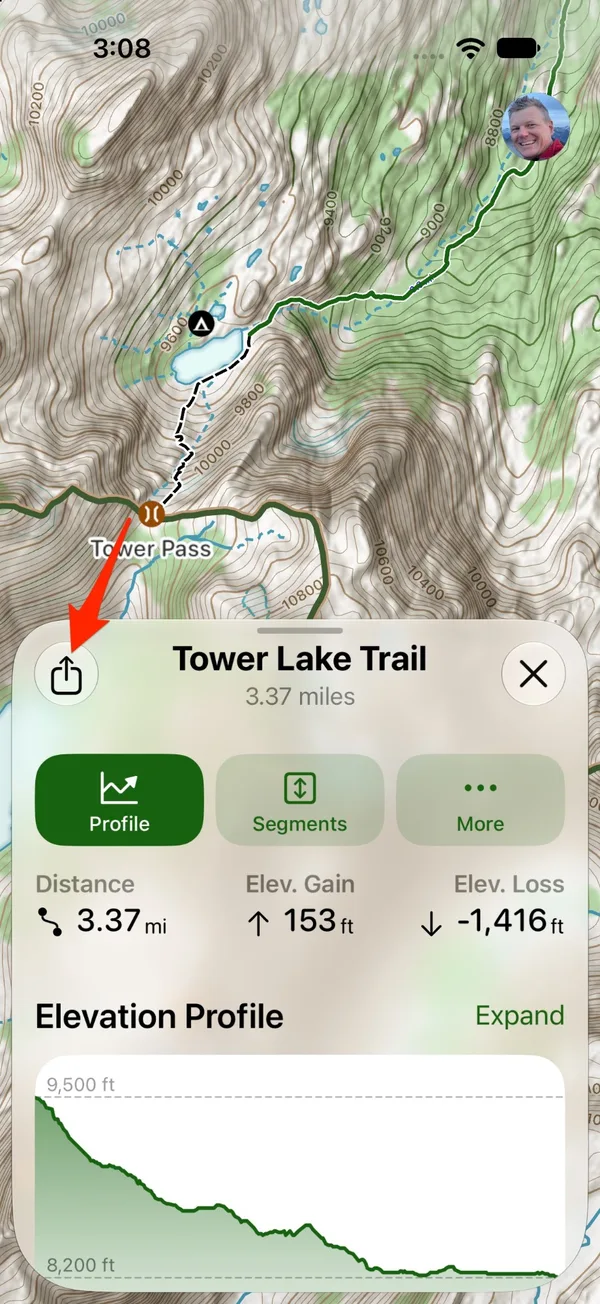 The share icon in the top-left corner of a trail's details