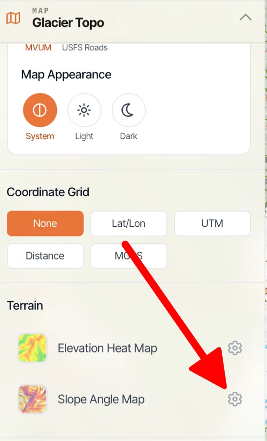 The Terrain section of the map dashboard with the settings icon next to Slope Angle Map