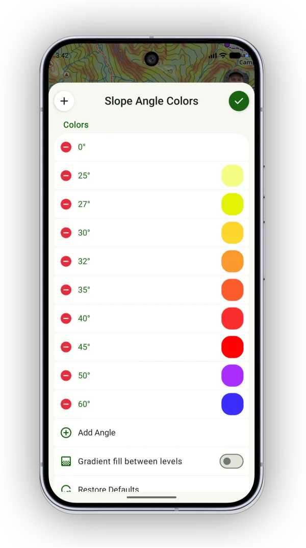 The slope angle color list with an angle and color for each range