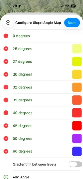 The slope angle color list with an angle and color for each range