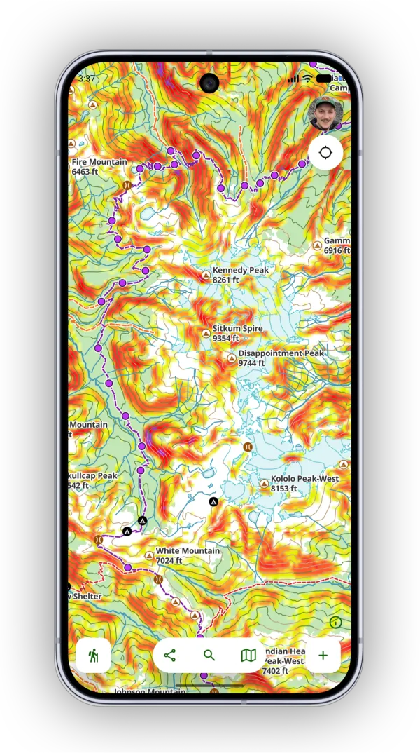 The map with the slope angle overlay turned on