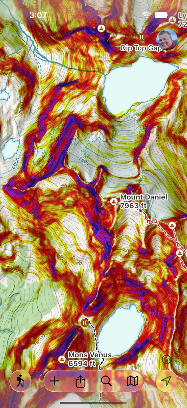 The map with the slope angle overlay turned on
