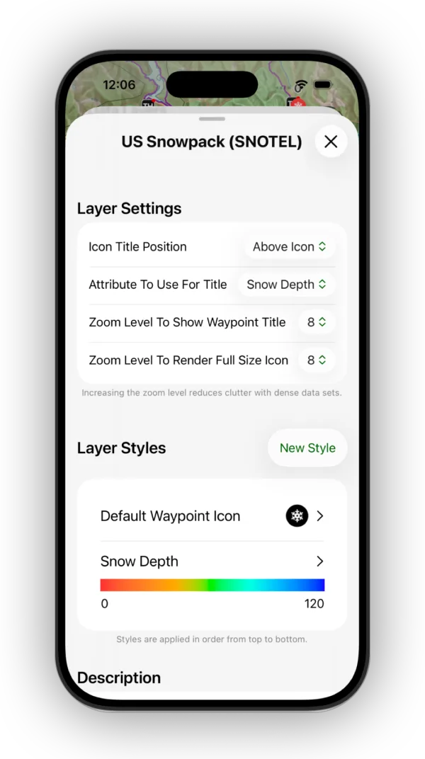 US Snowpack (SNOTEL) layer settings and styles