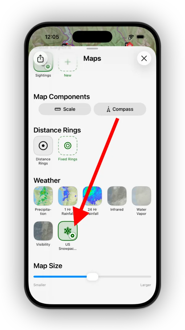 The settings icon on the US Snowpack overlay