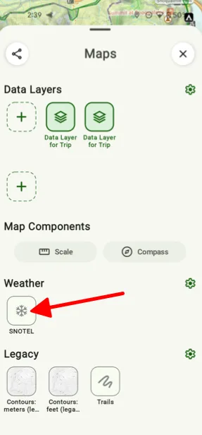 The snowpack overlay in the Weather section of the Maps panel