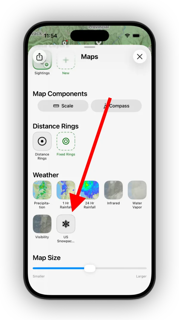 The snowpack overlay in the Weather section of the Maps panel