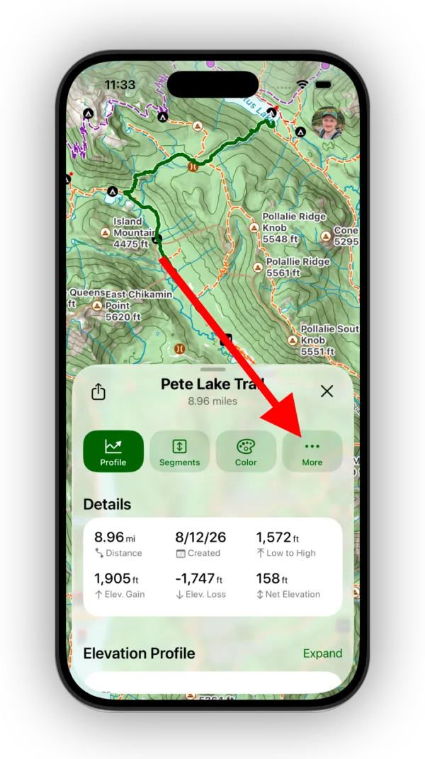 The More button on a route's info card