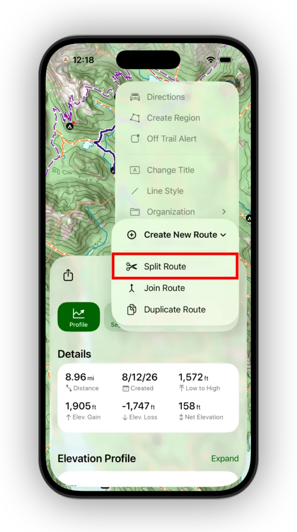 Split Route in the Create New Route menu