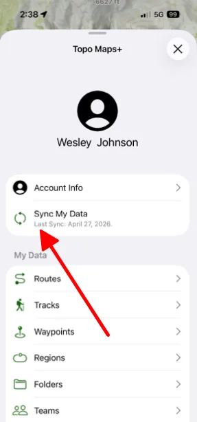 Sync My Data in the account menu, showing the last sync time