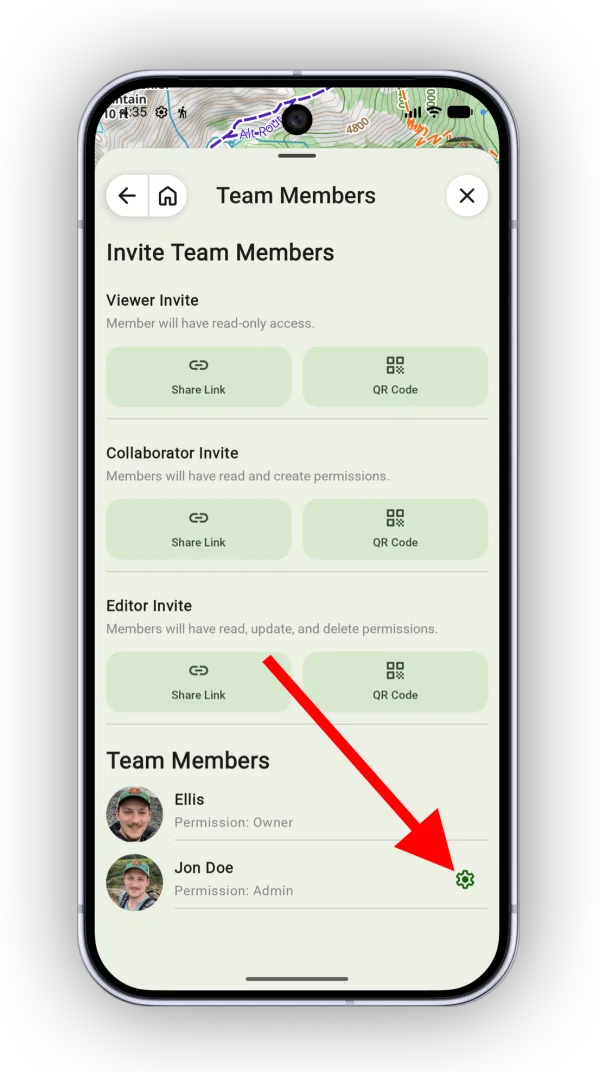 The settings icon next to a team member