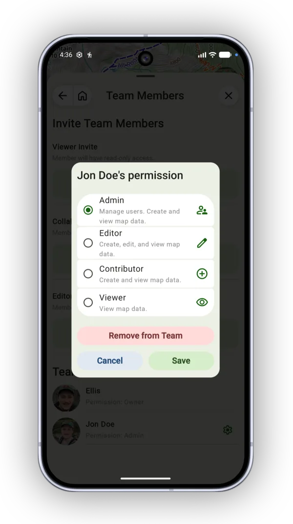 Choosing Admin, Editor, Contributor, or Viewer for a team member