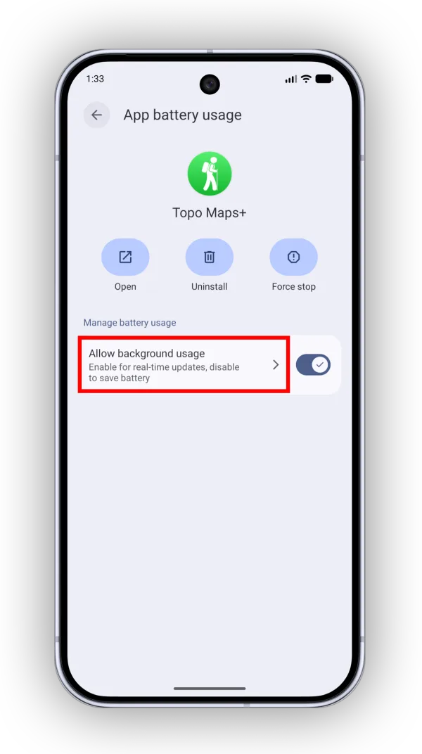 The Allow background usage option on the App battery usage screen