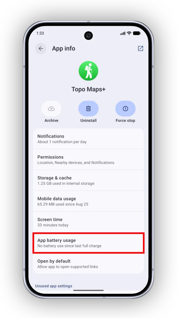 App battery usage on the Topo Maps+ App info screen