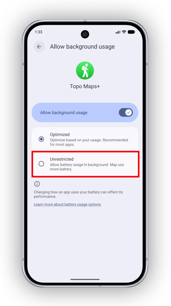 The Unrestricted battery option selected for Topo Maps+