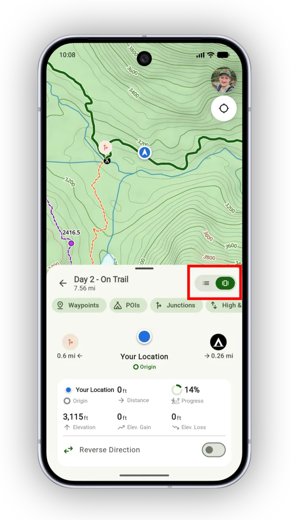 The horizontal view of trail distances, centered on your location