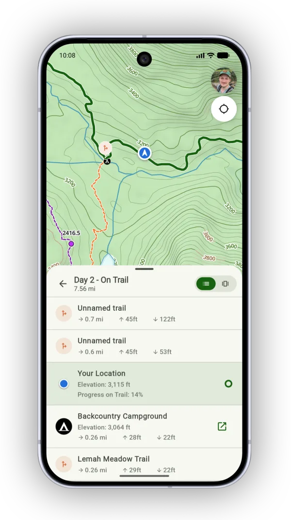 A list of points along the trail with distances from your location