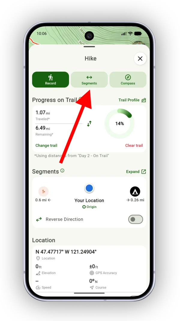 The Segments button in the Hike menu, above Progress on Trail