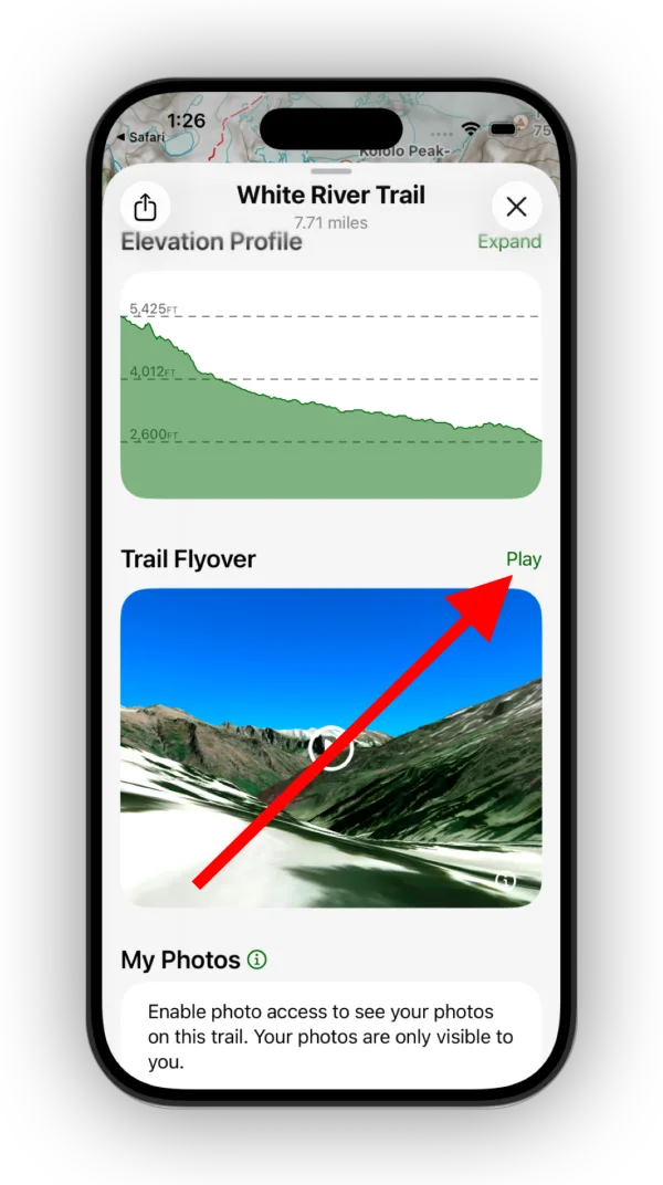 The Play button in the Trail Flyover section of a trail's sheet