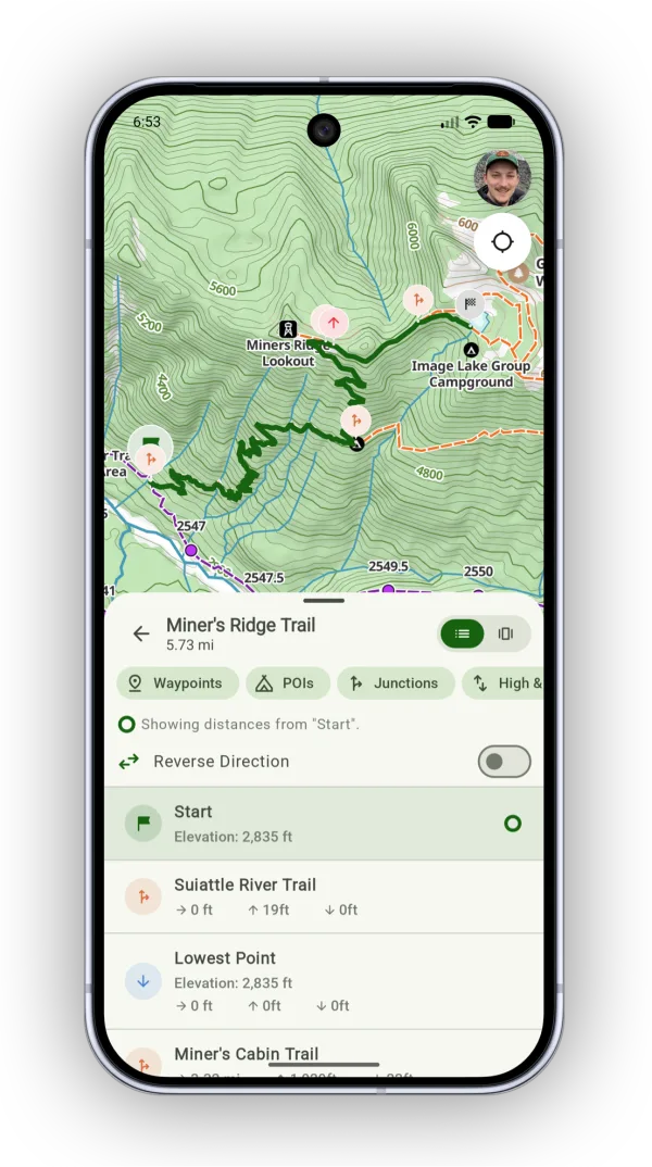Trail segments in list view, with distances between points