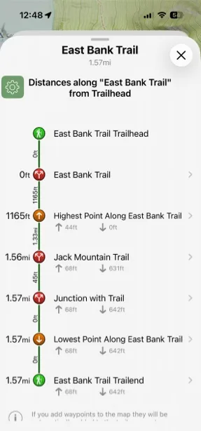Trail segments in list view, with distances between points