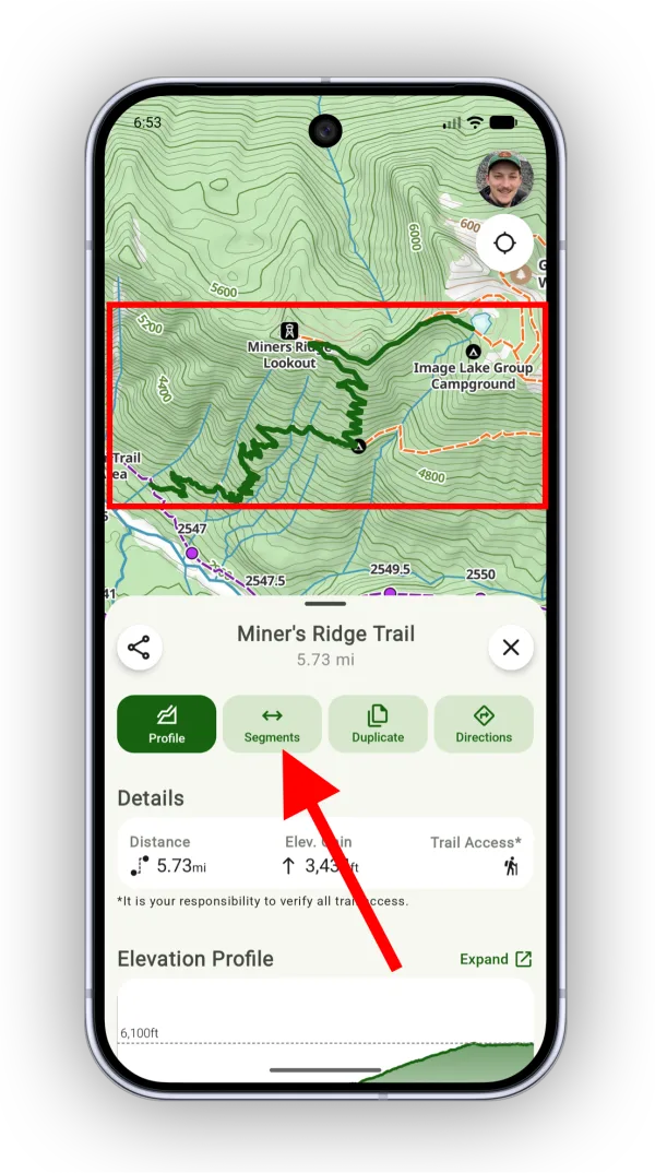 The Segments button in the sheet for a trail