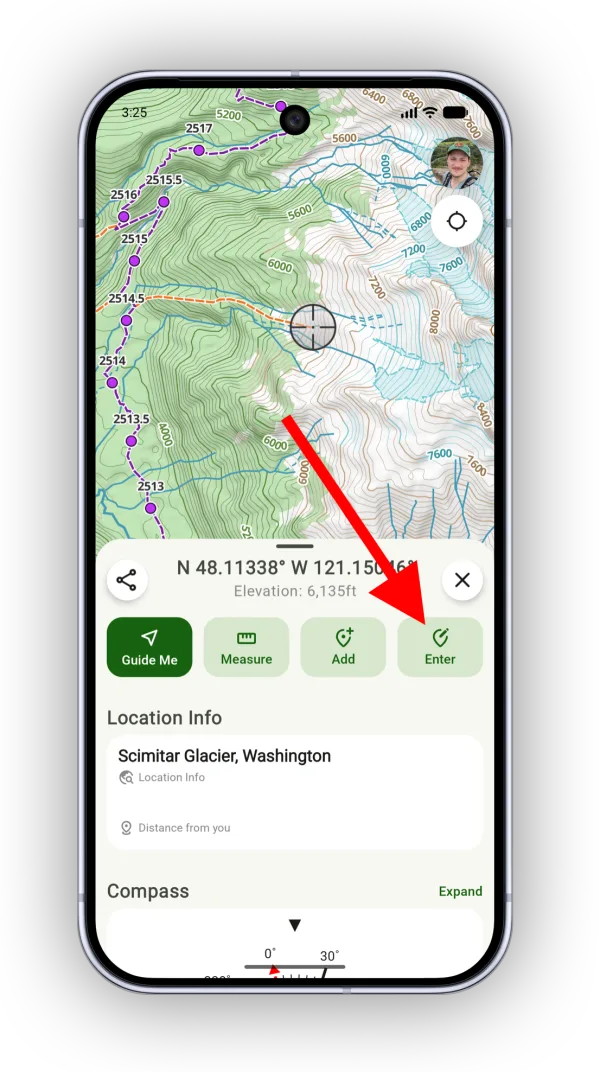 The Enter button on the card that appears after tapping and holding the map