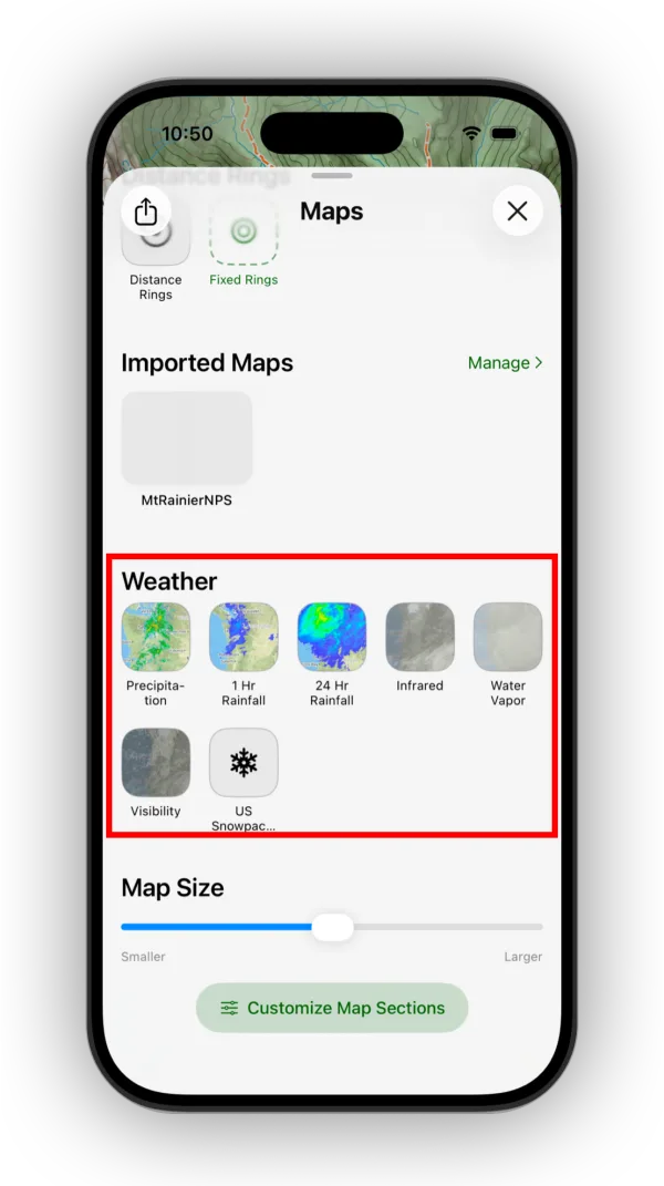 The Weather section of the Maps panel