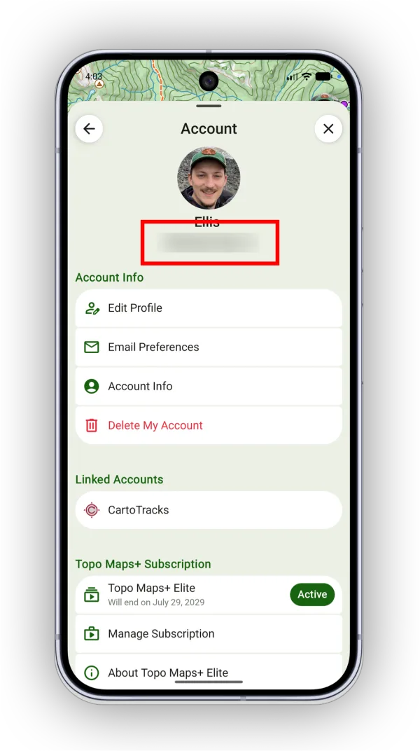 The account email address shown under your name on the Account screen