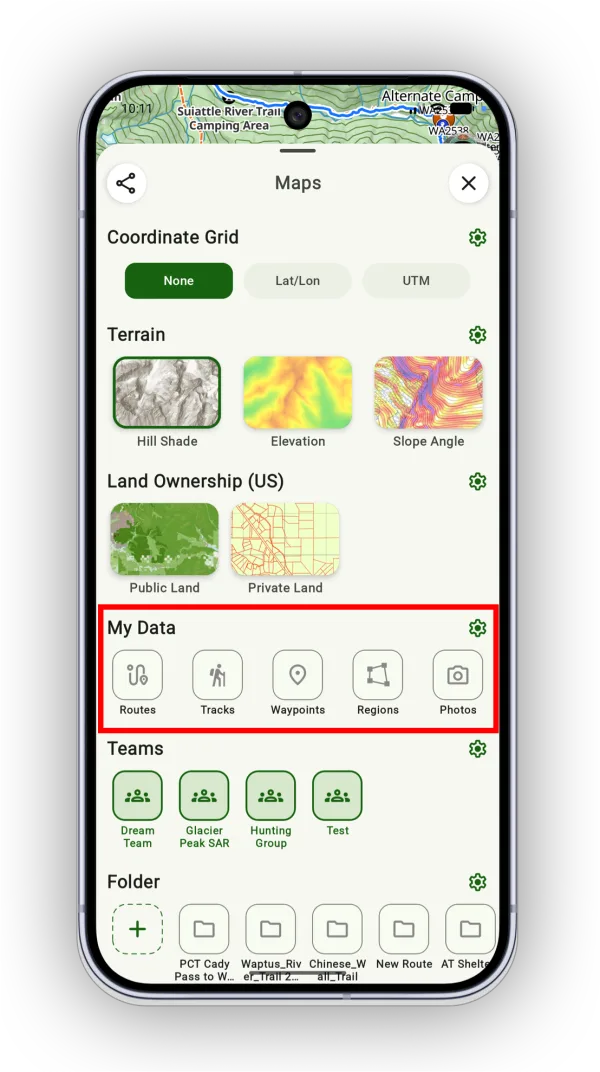 The My Data section of the Maps screen with Routes, Tracks, Waypoints, Regions, and Photos