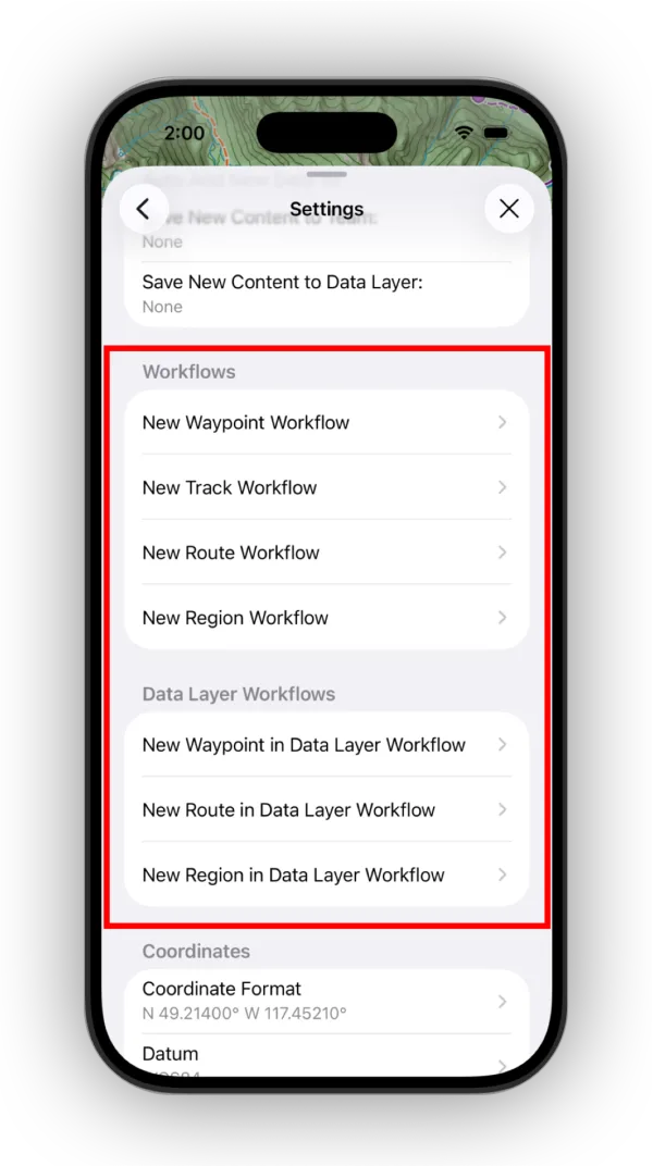 The Workflows and Data Layer Workflows sections in Settings