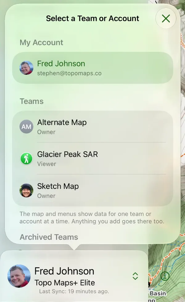 The Select a Team or Account popover on iPad, listing My Account, your teams with your role on each, and Archived Teams