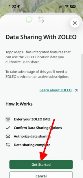 The Data Sharing With ZOLEO page with the Get Started button