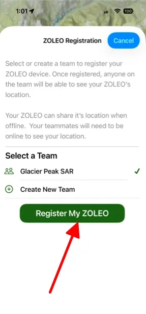 Selecting a team on the ZOLEO Registration screen